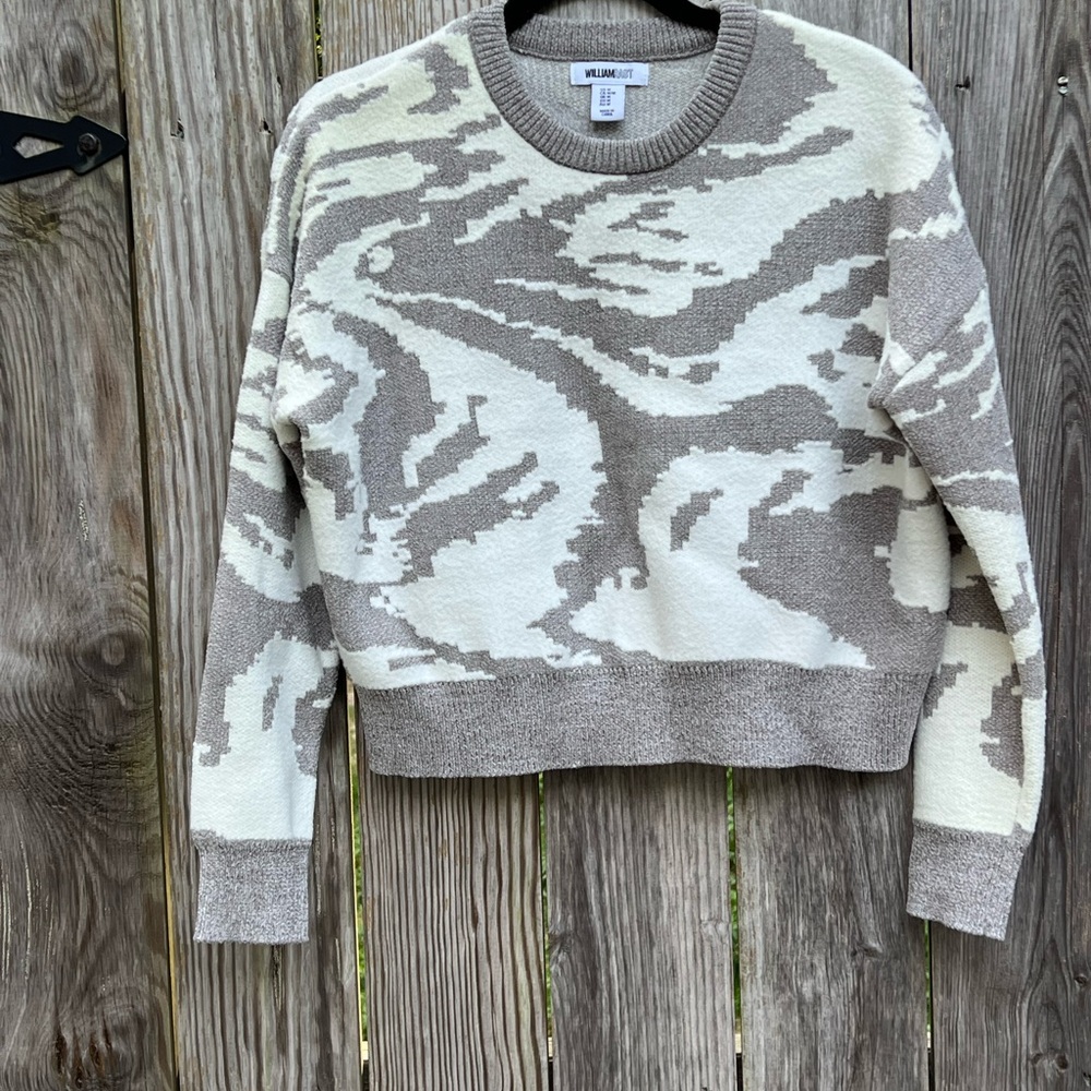 William Rast Taupe and Cream Cropped Animal Print Chenille Sweater Medium - Picture 2 of 8